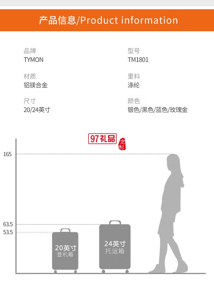 泰夢金屬燈塔鋁鎂合金拉桿箱20英寸鋁框TM-1801定制公司廣告禮品